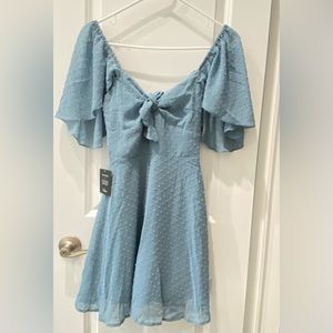 Lulus Be a Dear Slate Blue Swiss Dot Tie-Front Skater Dress. Size XS